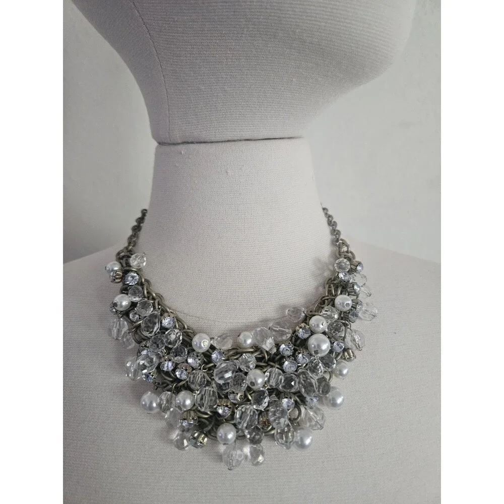 Peal And Rhinstone Cluster Necklace Gold Tone Charm